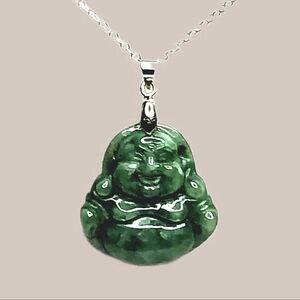 Green Jade Buddha Pendant Sterling Silver Plated Rolo Necklace Boho Ethnic Gift